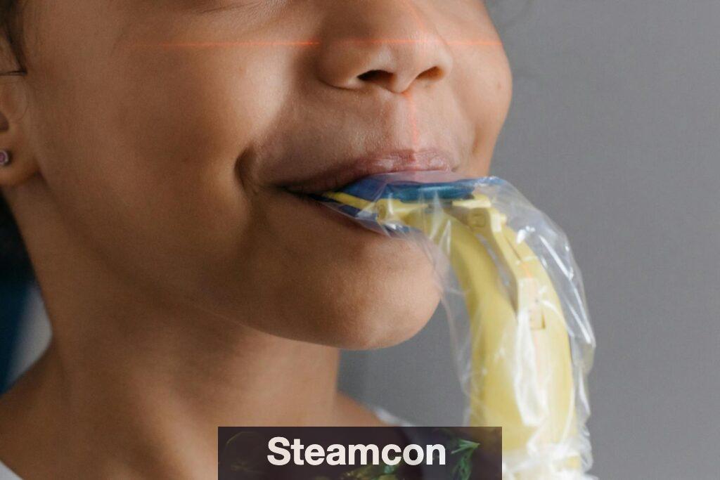 Close-up of a child undergoing a dental checkup with an X-ray scan for odontology purposes.