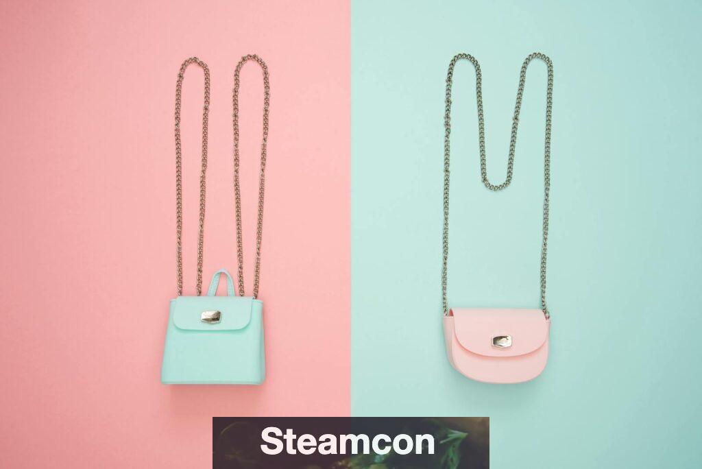 Stylish pastel handbags on pink and mint split backgrounds, perfect for fashion and design themes.