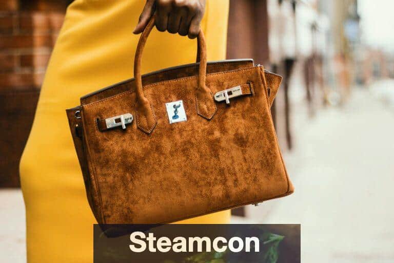 Chic brown leather handbag held by a fashionable woman in a vibrant cityscape.