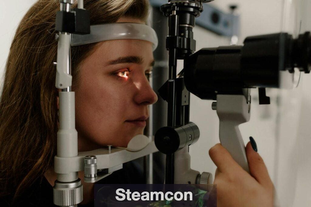 A woman undergoing an eye examination using a slit lamp in a modern clinic setting.