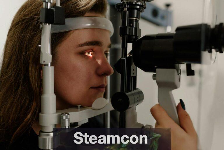 A woman undergoing an eye examination using a slit lamp in a modern clinic setting.