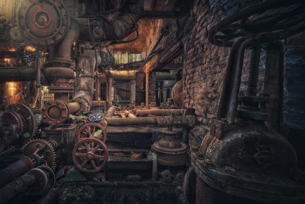 Taller steampunk con maquinaria de latón y tuberías