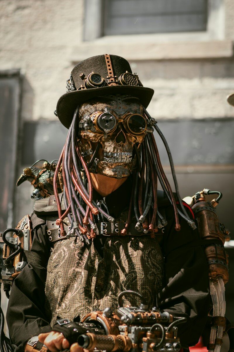 Disfraz steampunk con sombrero de copa, gafas y máscara mecánica