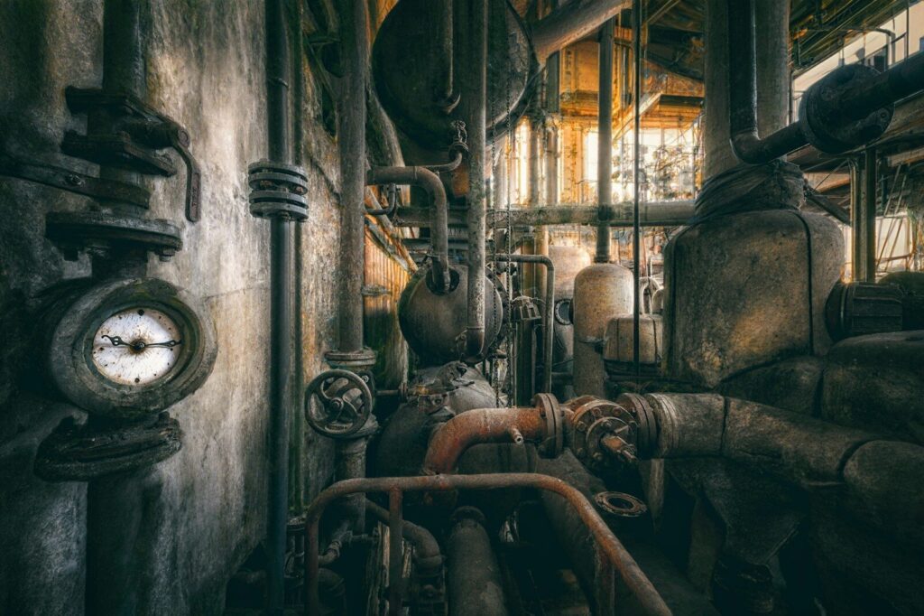 Sala industrial con tuberías, una estética afín al steampunk
